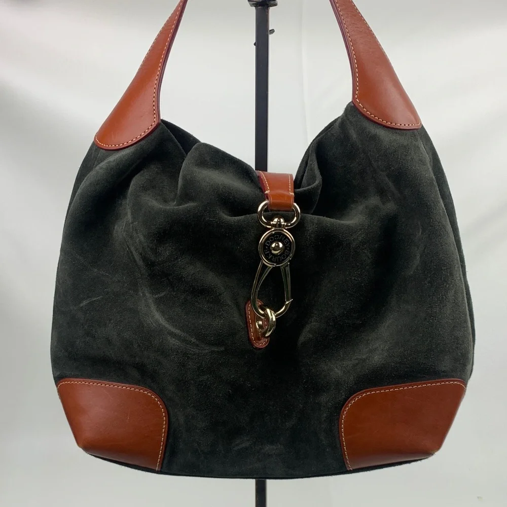 Dooney & Bourke Leather Suede Shoulder Bag Gray Brown Gold Red Lined Pockets - Picture 1 of 16